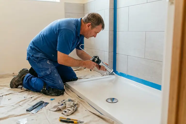 Artisan appliquant le silicone entre le receveur et le carrelage mural, adhésif de protection en place